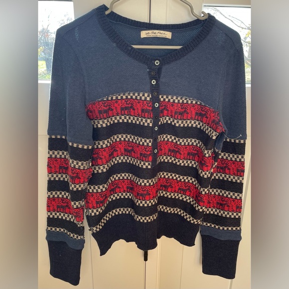 New Free People To The Woods Sweater blue red reindeer boho NWOT medium $128 - Picture 4 of 12